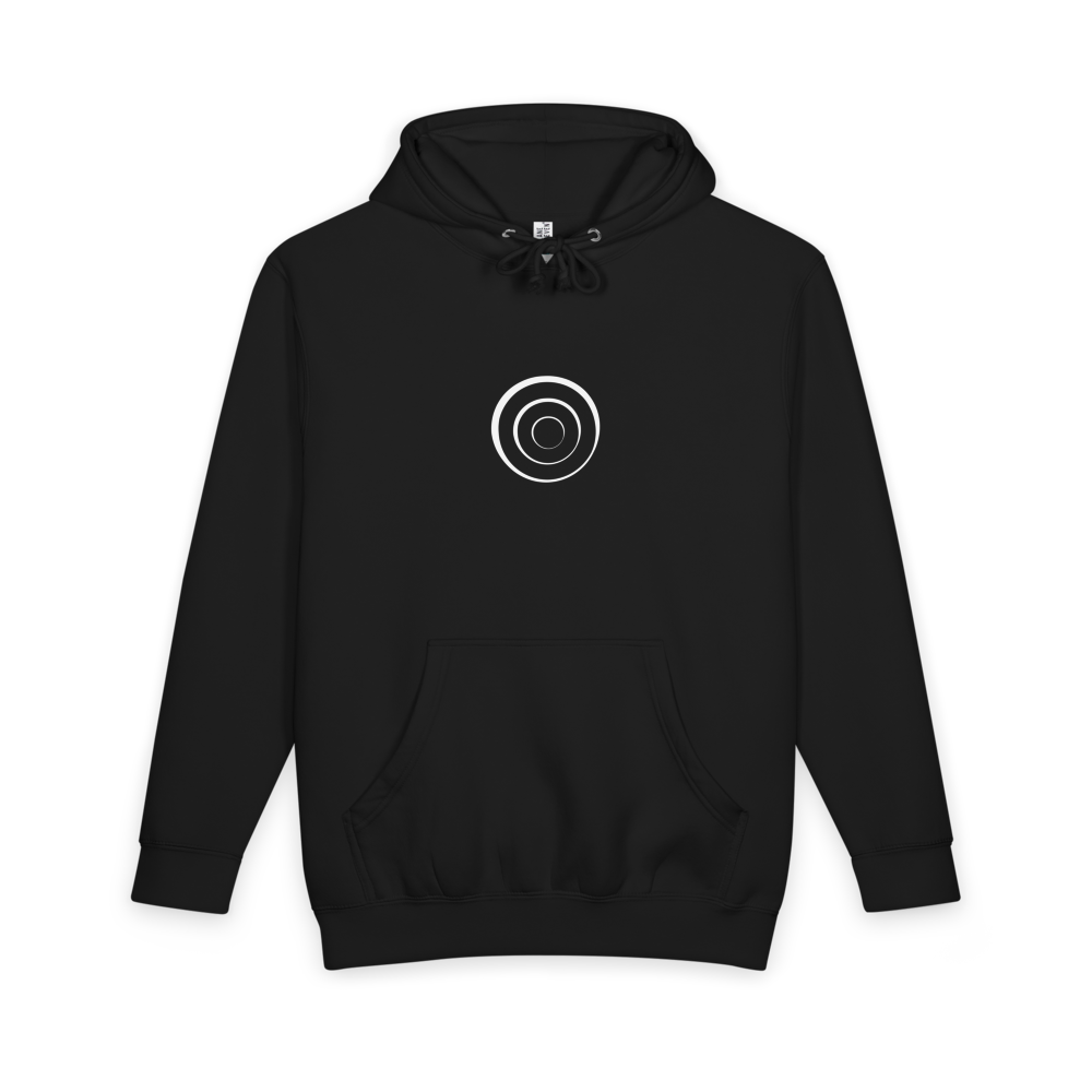A black pullover hoodie with a white concentric circle target graphic printed on the center chest, displayed against a solid white background.